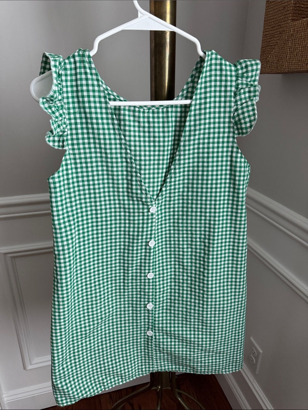 SHEIN Green and White Gingham Button-Front Dress